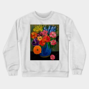 Some abstract vibrant colorful flowers in a glass vase with gold accent on base and top of vase Crewneck Sweatshirt